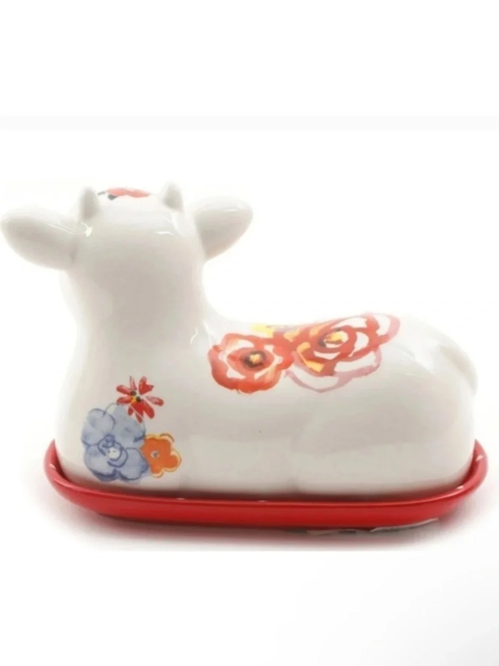 The Pioneer Woman White Floral Cow Butter Dish with Red Base NIB Rare